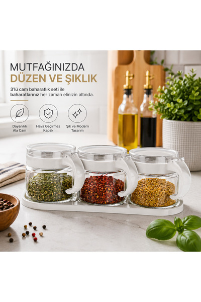 EMİLA HOME مجموعة حاملات التوابل الزجاجية من إيميلا هوم، 3 قطع، لون أبيض