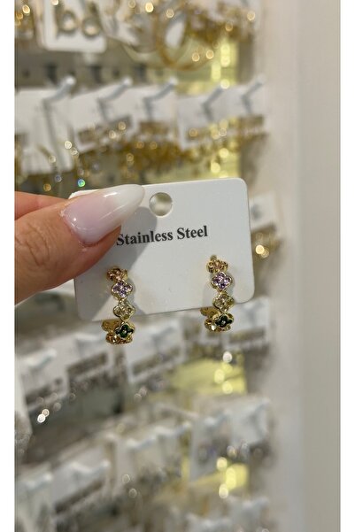 SU PERİSİ TAKI BİJUTERİ ÇELİK KARARMAZ 14K GOLD RENKLİ ZİRKON TAŞLI YONCA KÜPE