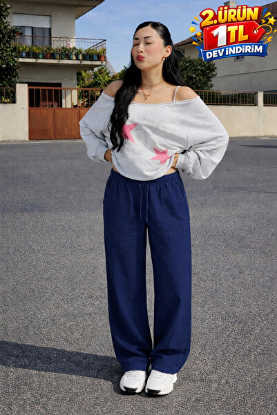 DAMGA JEANS Γυναικείο λινό παντελόνι σε σκούρο μπλε χρώμα με ελαστική μέση κα...