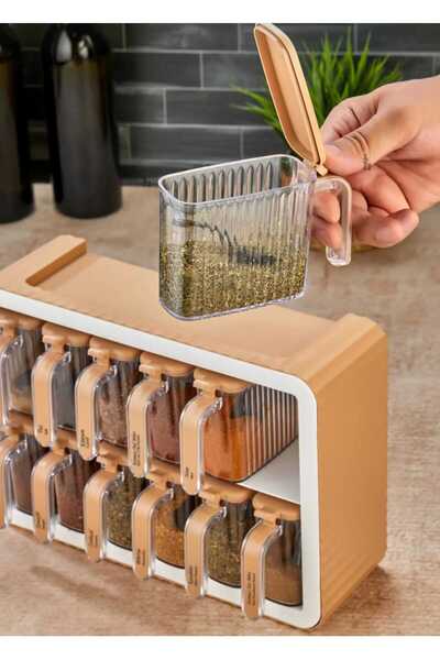 kitchen peace 12-Piece Spice Set with Stand, Self-Adhesive Lid, Spoon and Handle - with Label Gift (Bej)