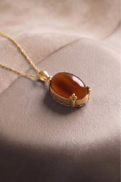 Takıdepo Minimalist Oval Tasarım Akik Taşlı Kadın Gümüş Kolye-Altın Rengi