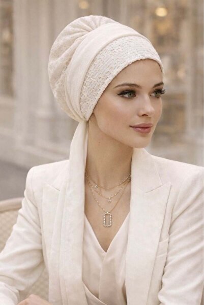 Aişe tesettür Κρεμ δαντελένιο έτοιμο μαντήλι-μπόνε