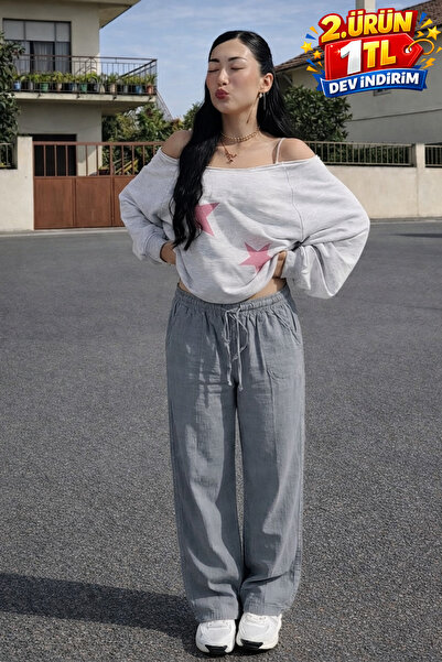 DAMGA JEANS Γυναικείο λινό παντελόνι σε γκρι χρώμα με ελαστική μέση και φαρδι...