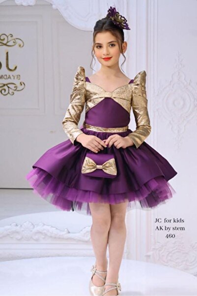 JC فستان بناتي بتصميم البنفسجي والذهبي مع حقيبةاكسسوار الشعر Violet Flower Bo...