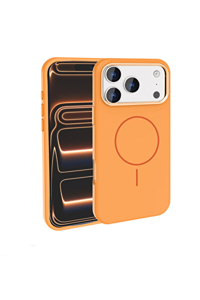 Apple iPhone 17 Pro Kılıf M-Safe Şarj Özellikli Metal Kamera Çerçeveli Edi Silikon Kapak-TURUNCU