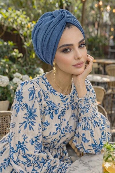 Aişe tesettür Τζιν Μπλε Στριφτό Έτοιμο Καπέλο