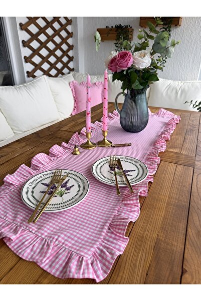 Decamor home Iris Vintage Full Ruffle Pink Gingham Runner Seamless