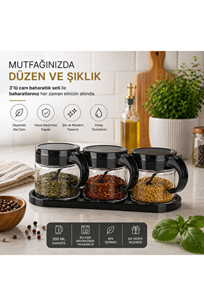 EMİLA HOME مجموعة حاملات التوابل الزجاجية من إيميلا هوم، 3 قطع، لون أسود