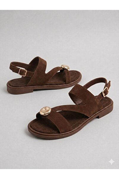 MAYA SHOES Kadın Sandalet Tokalı Gold Aksesuarlı Rahat Yazlık Sandalet