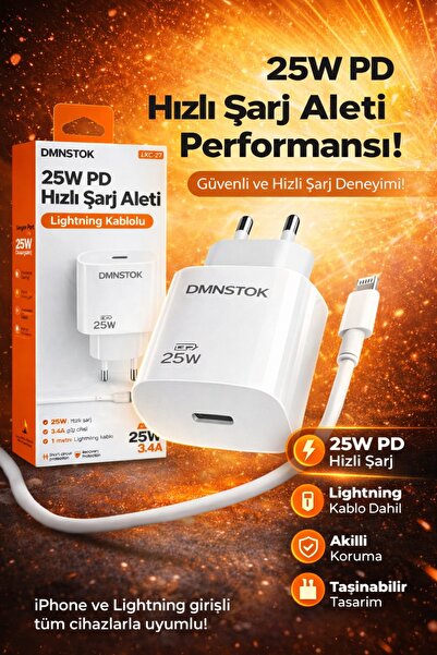 DMNSTOK 25W PD Hızlı Şarj Aleti Lightning Kablolu iPhone Uyumlu Adaptör