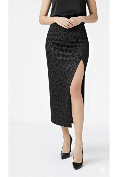 Butik Leopard Patterned Slit Skirt with Elastic Waist in Lycra High Waist Midi Length Skirt