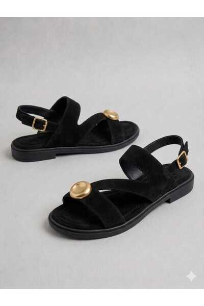 MAYA SHOES Kadın Sandalet Tokalı Gold Aksesuarlı Rahat Yazlık Sandalet