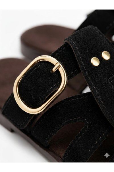 ZARICH Zyra Black Suede Belt Detailed Gold Buckle Flat Sole Summer Comfortable Women's Slippers