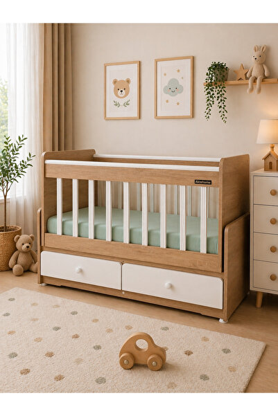 Aktehome Comfort MDF Çıtalı Anne Yanı Bebek Beşiği 60x120 – Çekmeceli, Modern...