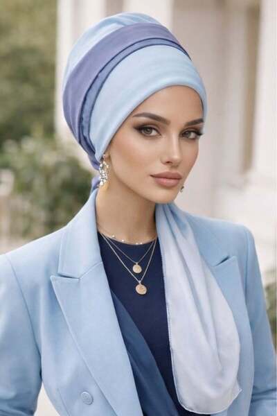 Aişe tesettür Μπλε βρεφικό καπέλο με φουλάρι έτοιμο για χρήση