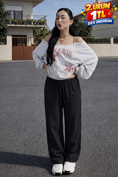 DAMGA JEANS Γυναικείο λινό παντελόνι με ελαστική μέση και φαρδιά μπατζάκια σε...