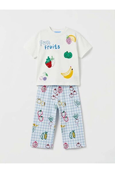 Mother Choise Girl's Fruit Embroidered T-Shirt and Fruit Wide Lige Pants Set