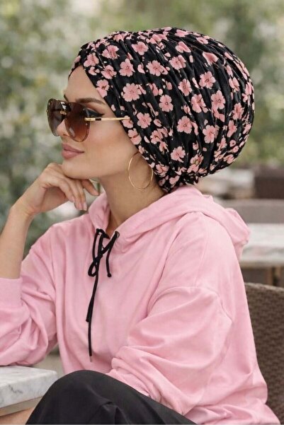 Aişe tesettür Μαύρο κοκάλινο καπέλο με μοτίβο λουλουδιών σε μαύρη πούδρα