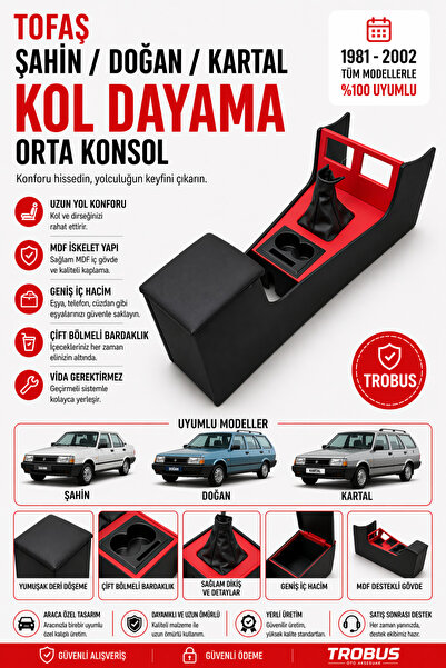 TROBUS Tofaş Doğan Eski Yeni Kasa Tam Boy Orta Konsol Kol Dayama Bardaklıklı ...