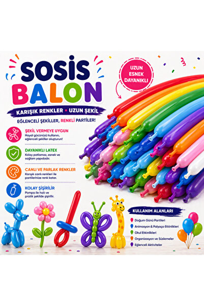 BALON DİYARI 100 Adet Sosis Balon Karışık Renk Uzun Şekilli Balon