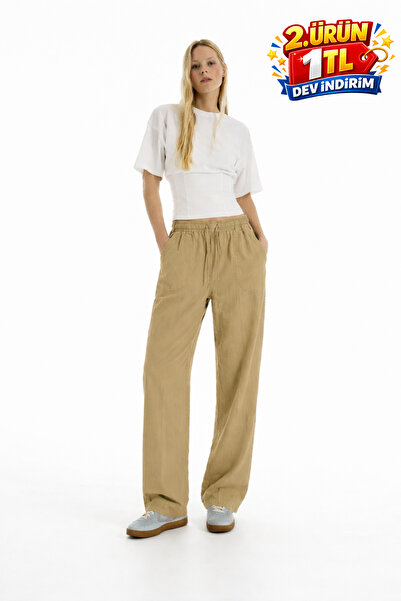 DAMGA JEANS Γυναικείο casual καλοκαιρινό παντελόνι από λινό σε χαλαρή γραμμή ...