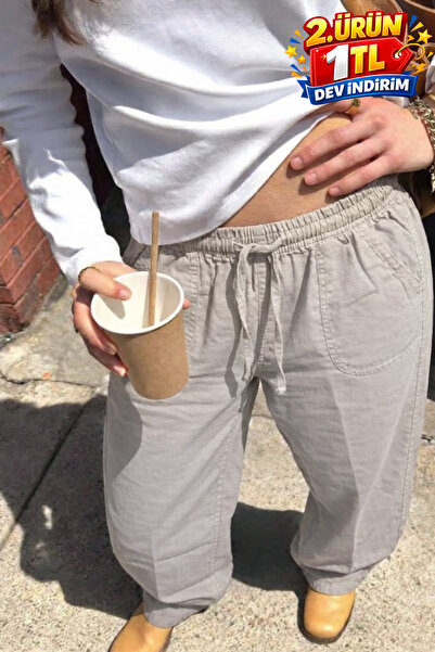 DAMGA JEANS Γυναικείο καλοκαιρινό φαρδύ γκρι λινό παντελόνι Relax Fit