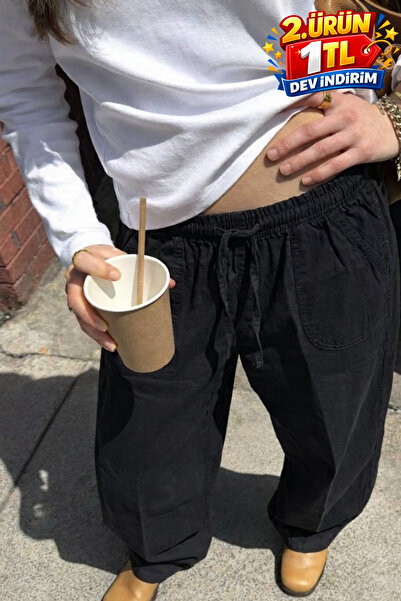 DAMGA JEANS Γυναικείο καλοκαιρινό φαρδύ μαύρο λινό παντελόνι Relax Fit