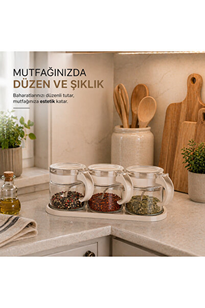 EMİLA HOME مجموعة حاملات التوابل الزجاجية من إيميلا هوم، 3 قطع، لون بيج