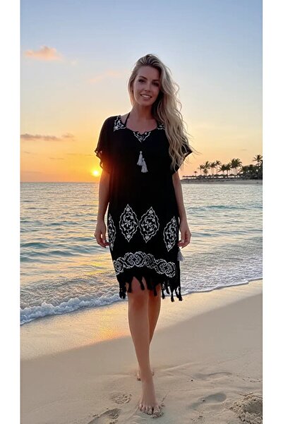 ELİTE NOVA SHOPPİNG Cotton Black Printed Pareo – Cotton Beach Dress with Loos...