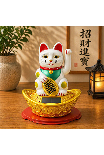hediyeconcepti Büyük Boy Solar Şans Kedisi Maneki Neko Dekoratif Biblo Feng Shui