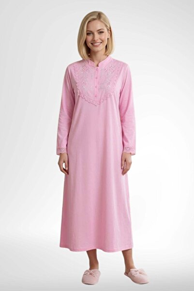 Mecit Pijama Mecit 6376 Pembe Kadın %100 Pamuk Uzun Kollu Gecelik