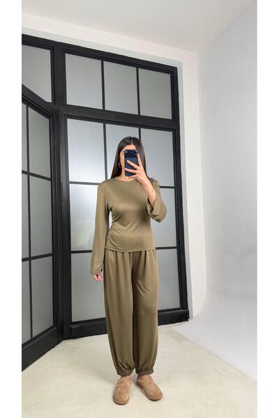 GAUS CO Khaki Adjustable Waist Padded Blouse Tracksuit Set Gaus-01307