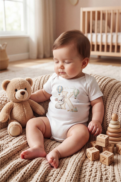 Overoz K Harfi Baskılı Bebek Body İsimli Bebek Zıbın Harfli Hediyelik Bebek Body
