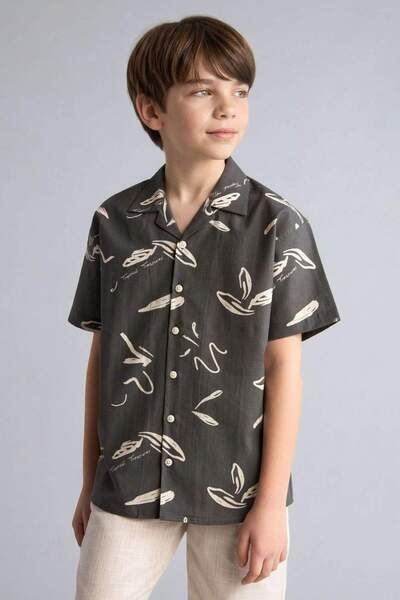 DeFacto Κανονική εφαρμογή, γιακάς Apaş, τροπικό σχέδιο, λινή όψη, κοντομάνικο...