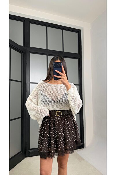 GAUS CO Acı Kahve Kemerli Katlı Puantiye Desenli Etek PNY07 GAUS-01322