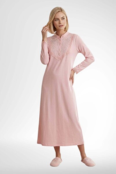 Mecit Pijama Mecit 6376 Somon Kadın %100 Pamuk Uzun Kollu Gecelik