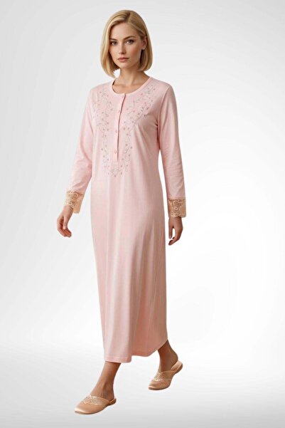 Mecit Pijama Mecit 6375 Somon Kadın %100 Pamuk Uzun Kollu Gecelik