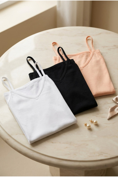 fevien Set of 3 Women's Cotton Modal Blend V-Neck Thin Strap Basic Undershirt...
