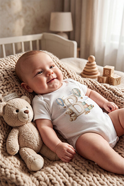 Overoz B Harfi Baskılı Bebek Body İsimli Bebek Zıbın Harfli Hediyelik Bebek Body