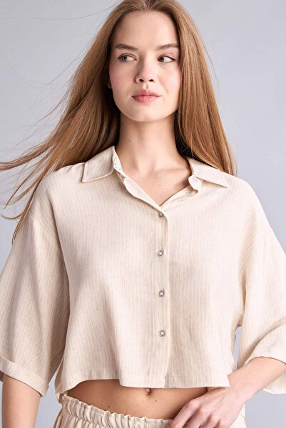 DeFacto Υπερμεγέθη πουκάμισο με γιακά, λινό, κοντομάνικο H2643AX26SP