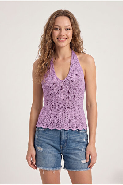 Neden Tekstil Γυναικεία δαντελωτή μπλούζα με διάτρητο σχέδιο και λαιμόκοψη V,...