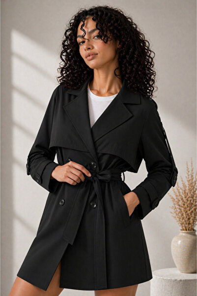 gm giyimarket Νέα σεζόν Γυναικεία κοντή καμπαρντίνα με λεπτομέρεια ζώνης, κου...