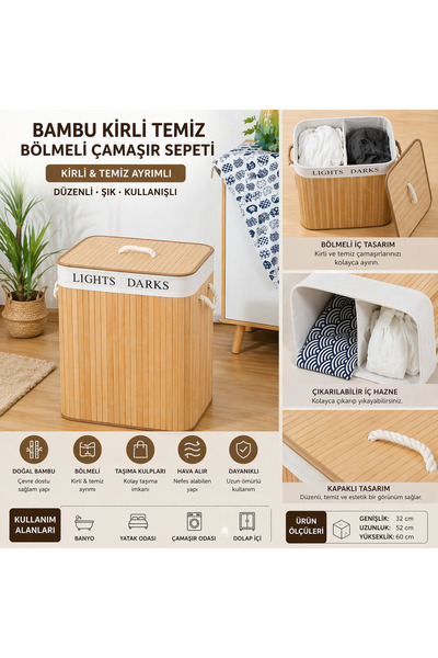 House Bird Bambu Kapaklı Çamaşır Sepeti Bölmeli – Lights & Darks Ayrımlı Kirl...