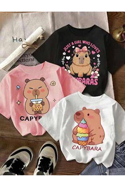 No Plan Girl's Capybaradrink-Capybaraa Printed 3-Piece T-Shirt