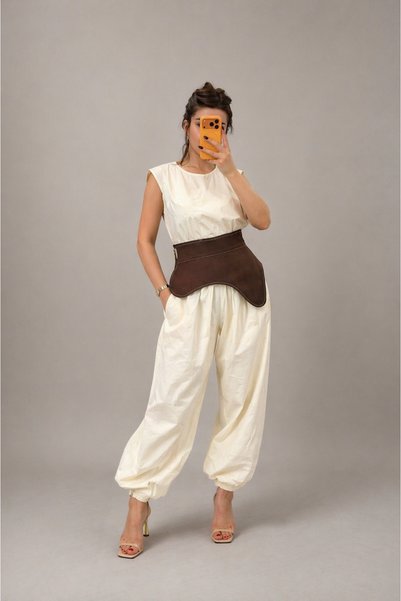 Alizstore Ecru Elastic Leg Comfortable Cut Women's Jumpsuit Combination