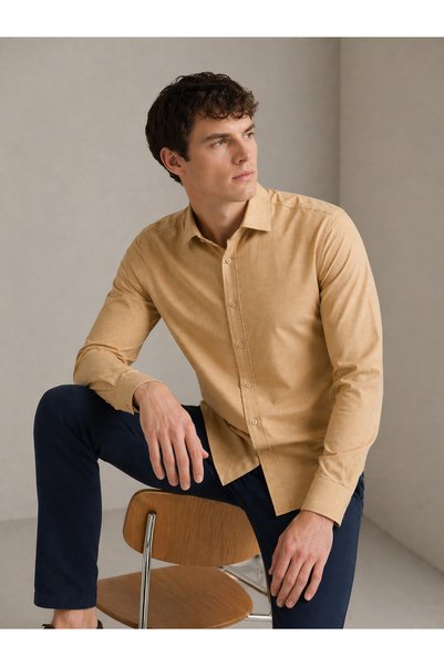 Sınwear Men's Light Brown Regular Fit Long Sleeve Breathable Anti-Sweat Linen Textured Shirt