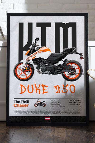 Duvarda KTM Duke 250 Siyah Ahşap Çerçeveli Poster, Dekoratif Motosiklet Duvar...