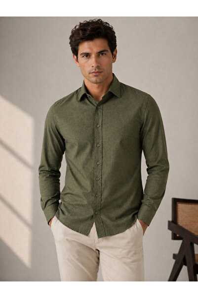 NIVARO Ανδρικό πουκάμισο χακί με κανονική εφαρμογή, μακρυμάνικο, αναπνέον, πο...