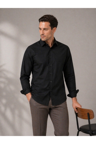 Generic Brand Regular Fit Long Sleeve Breathable Anti-Sweat Linen Textured Black Men's Shirt