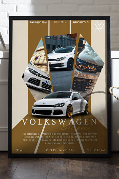 Duvarda Volkswagen Scirocco Siyah Ahşap Çerçeveli Poster, Dekoratif Araba Duv...